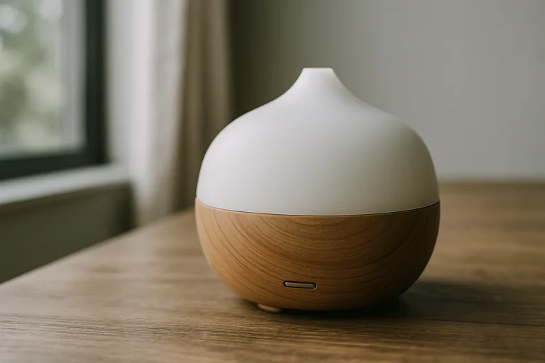 Diffuseur d'huiles essentielles sur une table, lumière naturelle, ambiance apaisante