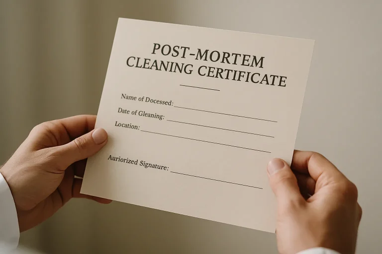 Deux mains tiennent un certificat de nettoyage post-mortem avec une lumière naturelle douce.