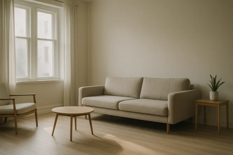Salon vide avec mobilier minimaliste et lumière naturelle douce.