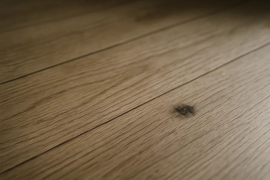 Gros plan d'un plancher en bois avec une tache sombre sous lumière naturelle.