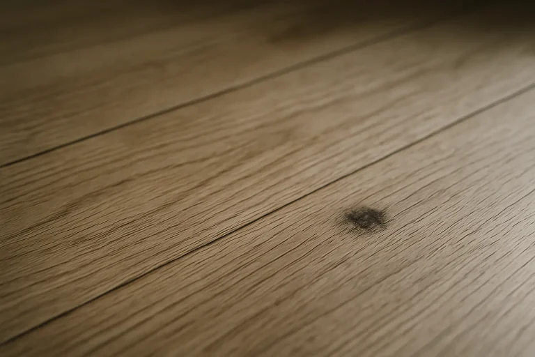 Gros plan d'un plancher en bois avec une tache sombre sous lumière naturelle.