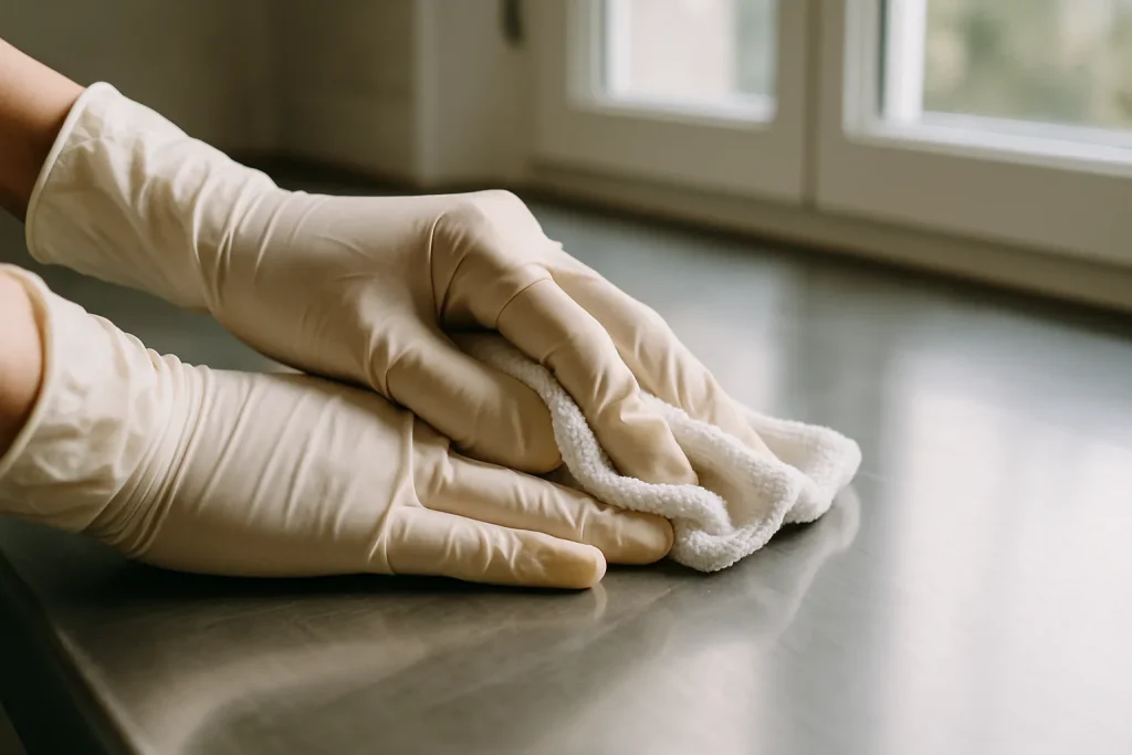 Mains gantées nettoyant une surface en acier inoxydable, lumière naturelle