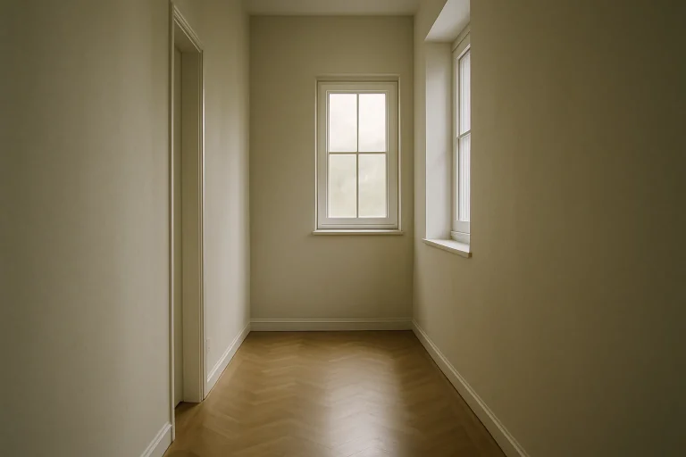 Couloir vide avec lumière douce, parquet clair et murs neutres, évoquant un environnement nécessitant un nettoyage spécialisé.