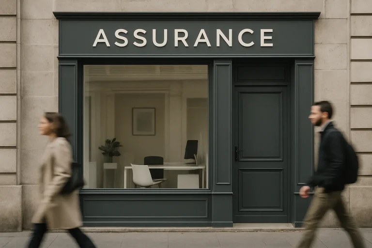 Façade d'une agence d'assurance avec passants flous