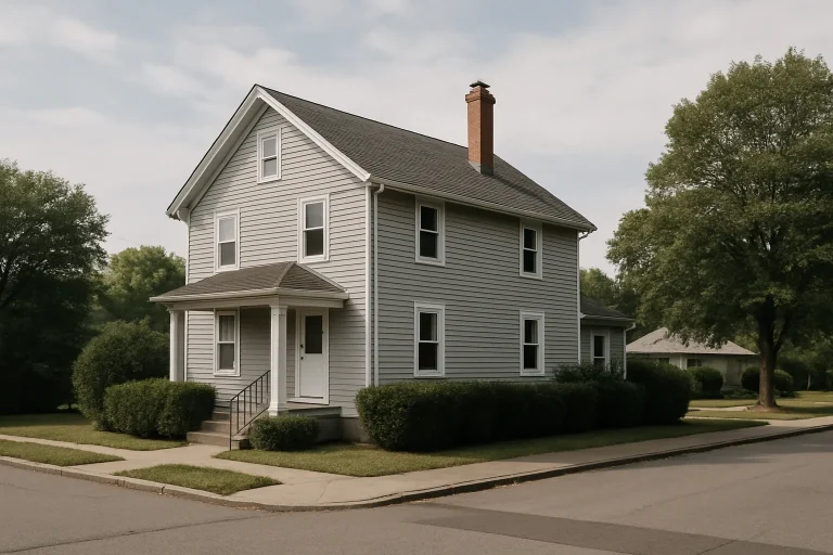 Façade d'une maison vue de la rue, contexte de décontamination post-décès