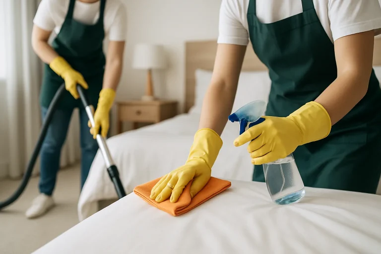 Professionnels en train de nettoyer une chambre avec des outils spécifiques