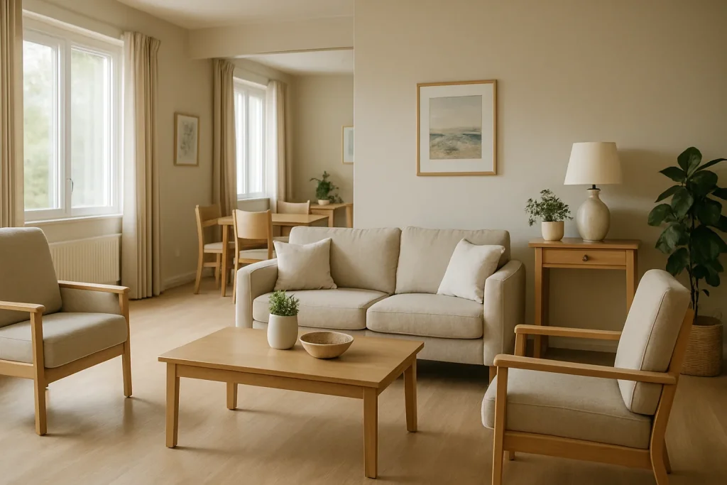 Salle commune d'une résidence senior, meubles ordonnés, lumière douce du matin