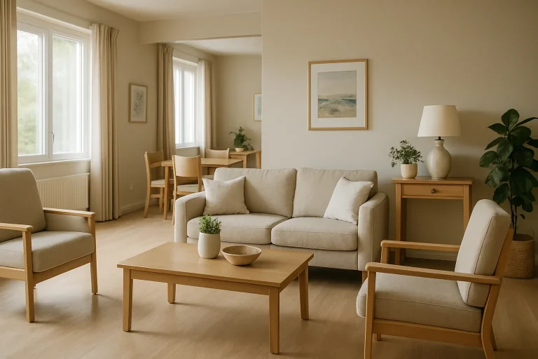 Salle commune d'une résidence senior, meubles ordonnés, lumière douce du matin