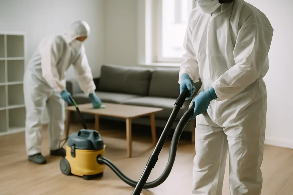 Professionnels en tenue de protection nettoyant un appartement à Lens le week-end.