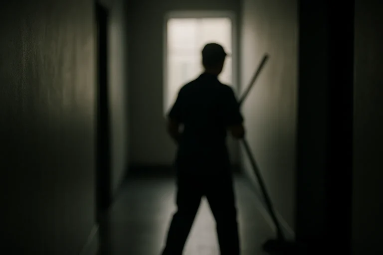 Personne en uniforme de nettoyage dans un couloir sombre, lumière douce.
