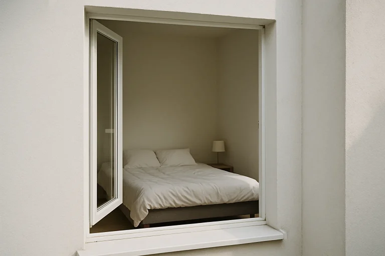 Chambre montrant un matelas à travers une fenêtre ouverte, éclairée par la lumière du jour