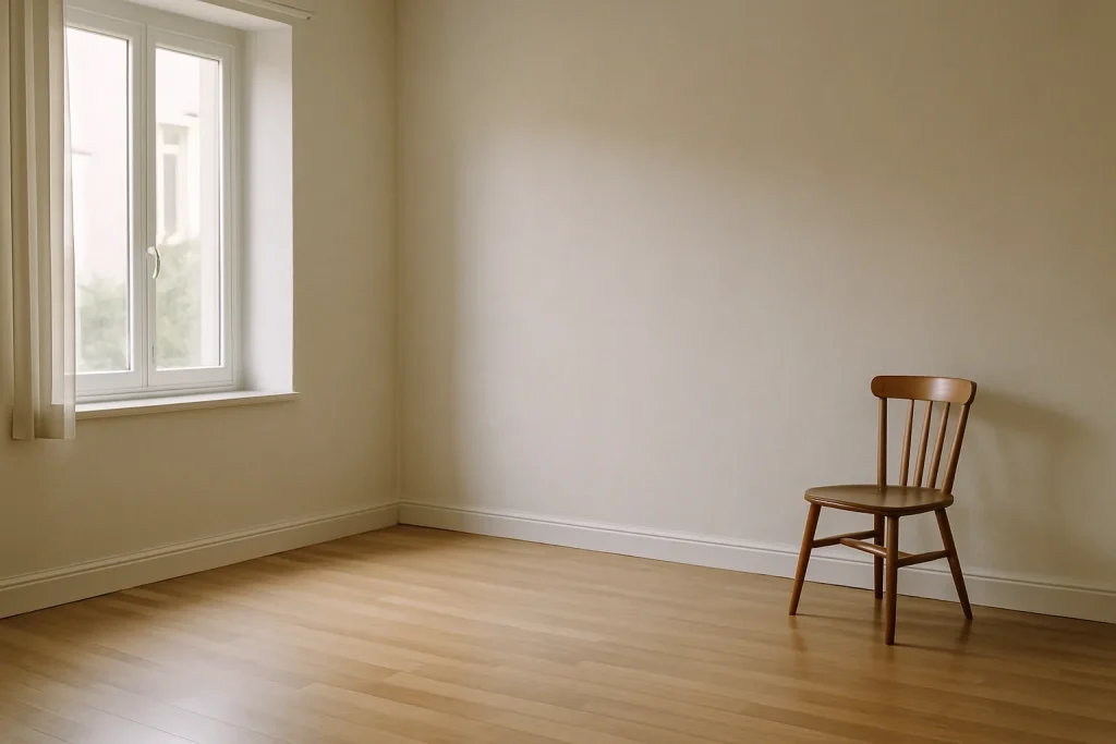 Chambre propre et vide avec une chaise en bois, lumière douce entrant par la fenêtre.