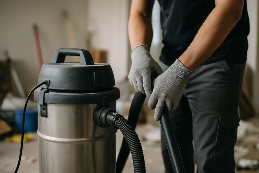 Mains gantées utilisant un aspirateur industriel dans une pièce en désordre, lumière neutre.