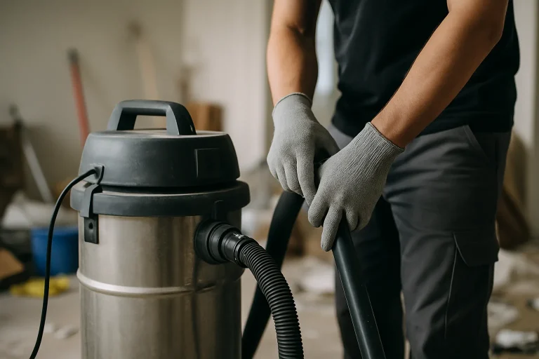 Mains gantées utilisant un aspirateur industriel dans une pièce en désordre, lumière neutre.