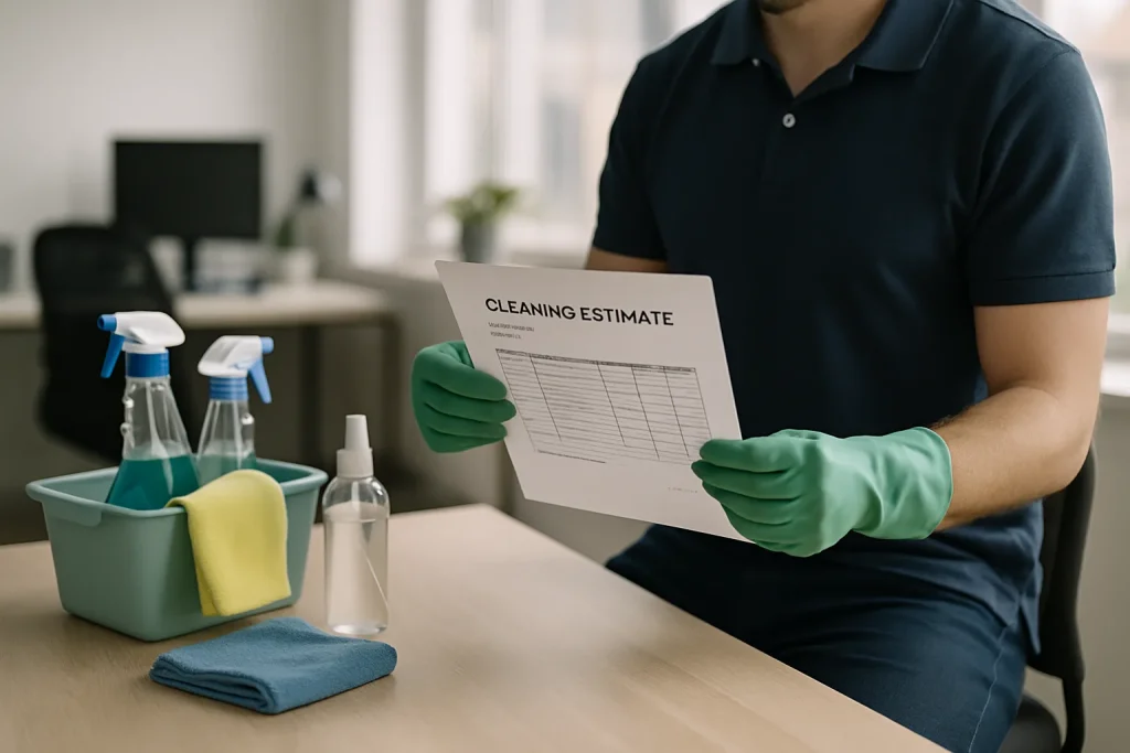 Un professionnel tenant un devis de nettoyage dans un bureau, lumière douce.
