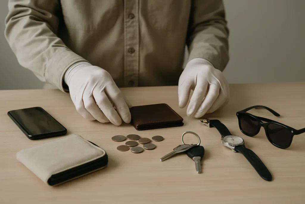 Mains en gants triant des objets personnels sur une table lors d'un nettoyage après décès.