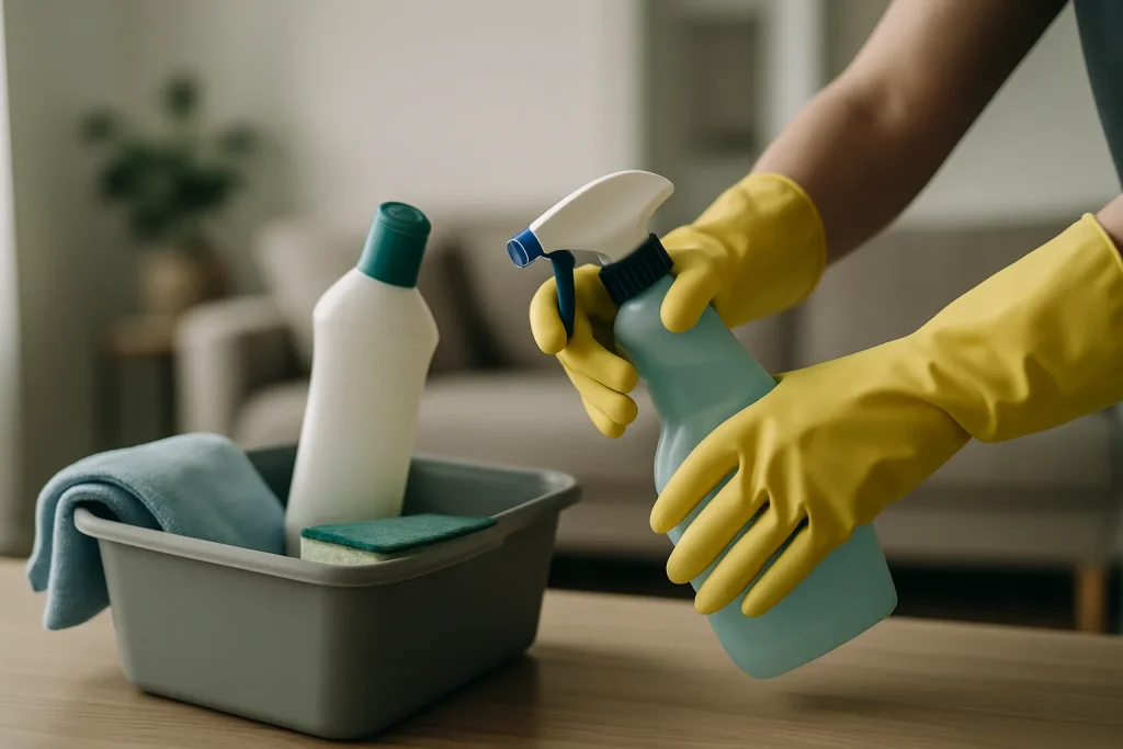 Mains gantées utilisant des produits de nettoyage dans un appartement post-décès.