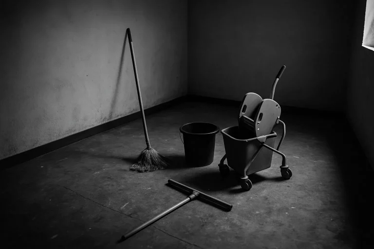Pièce vide avec équipements de nettoyage abandonnés, lumière tamisée, noir et blanc