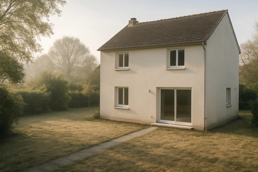 Maison individuelle vide avec jardin, prête pour un nettoyage après décès