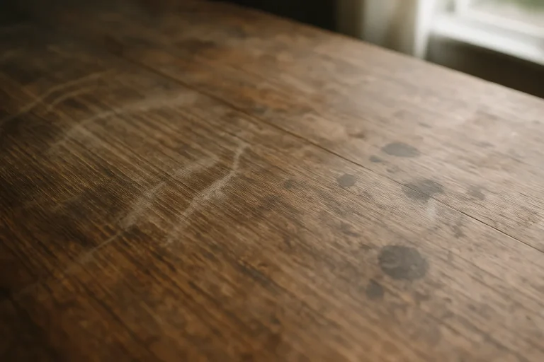 Table en bois avec traces de poussière et taches, éclairage naturel.