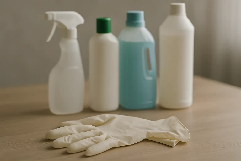 Gants en latex et produits de nettoyage sur une table, lumière douce.