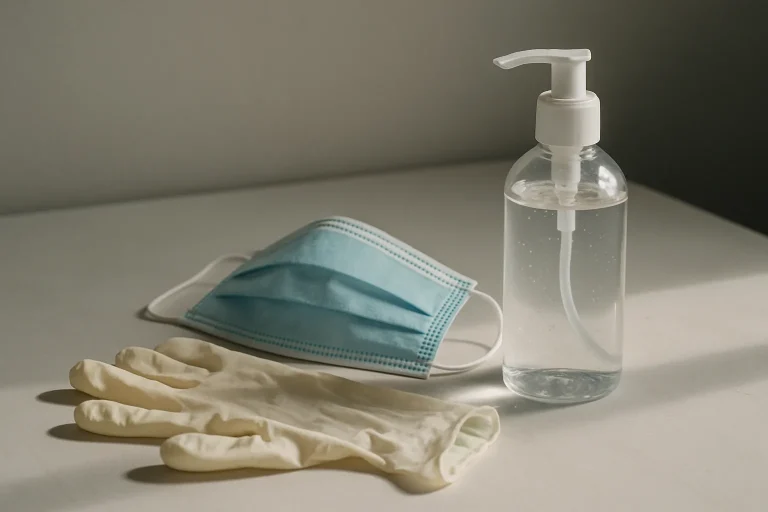 Masque de protection, gants en latex et flacon de désinfectant sur une table.