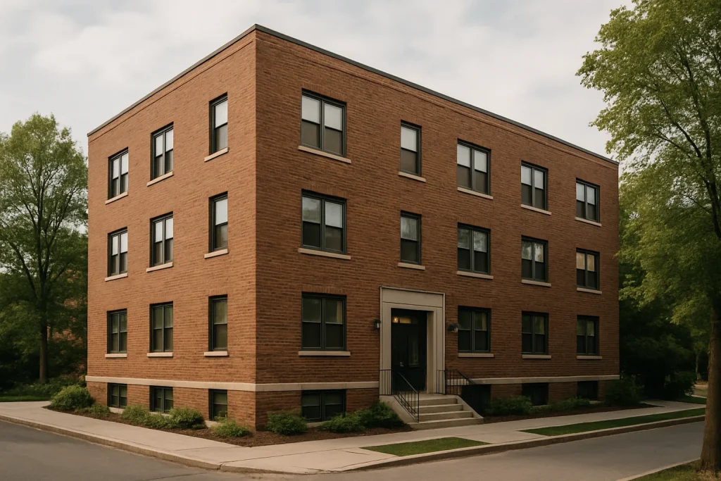 Façade d'un immeuble résidentiel en brique avec entrée principale et arbres autour.