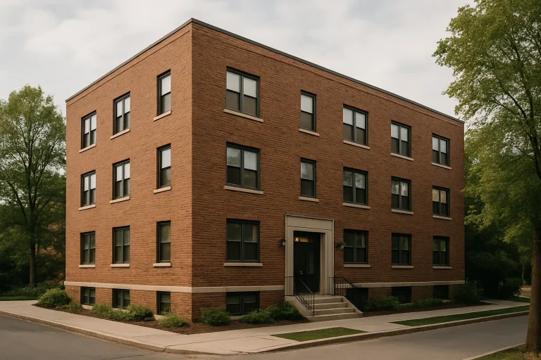 Façade d'un immeuble résidentiel en brique avec entrée principale et arbres autour.