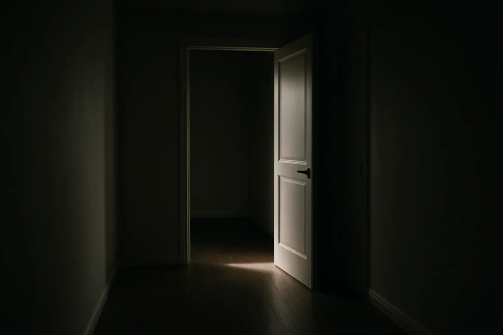 Couloir d'appartement sombre avec porte entrouverte et faisceau lumineux