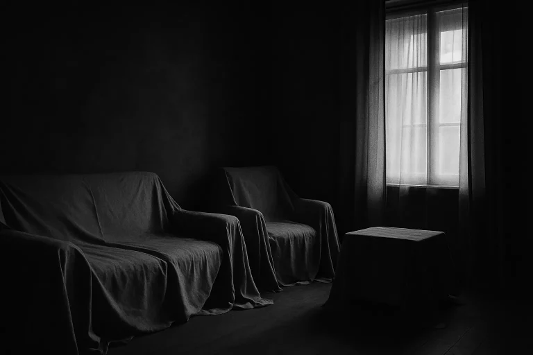 Vue d'une pièce sombre avec meubles recouverts de bâches, lumière voilée.