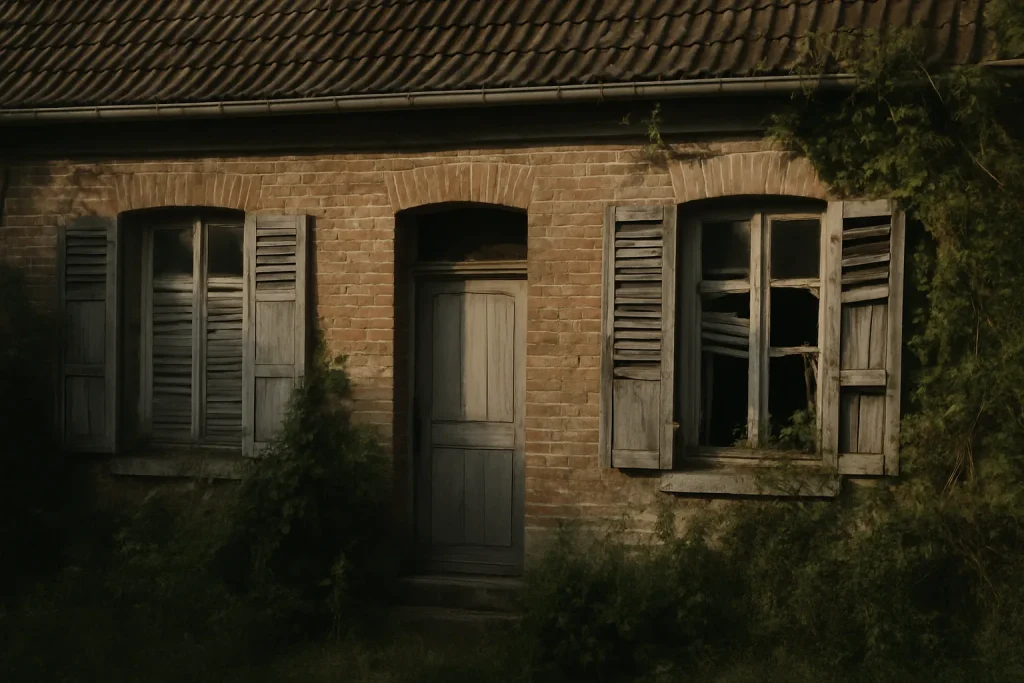Vue d'extérieur d'une maison insalubre avec façade abîmée et volets cassés.