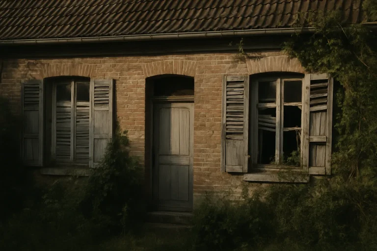 Vue d'extérieur d'une maison insalubre avec façade abîmée et volets cassés.