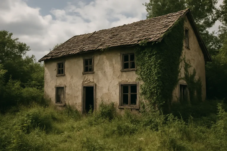Maison délabrée avec jardin envahi, éclairage diurne, ciel nuageux