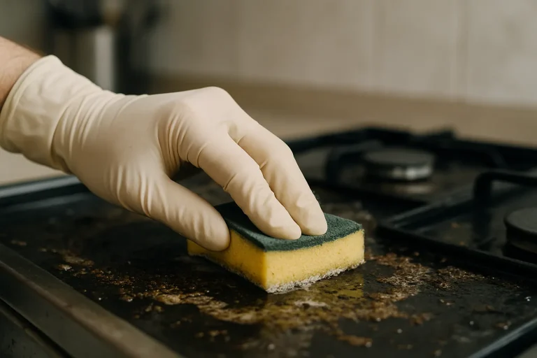 Main gantée frottant les graisses sur une cuisinière avec une éponge