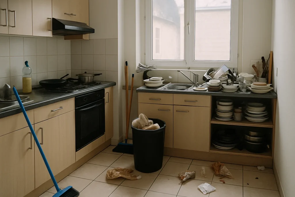 Cuisine encombrée avec outils de nettoyage, lumière naturelle entrant par la fenêtre.