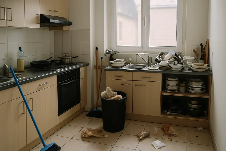 Cuisine encombrée avec outils de nettoyage, lumière naturelle entrant par la fenêtre.