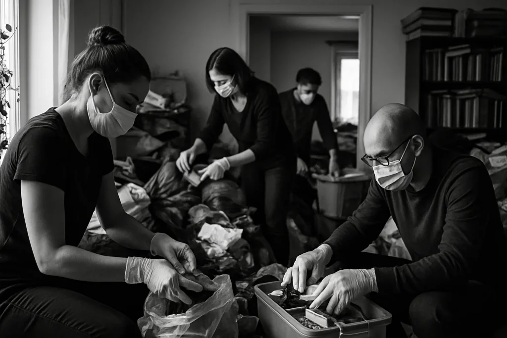Groupe de personnes portant des masques et des gants triant des objets dans un appartement encombré.