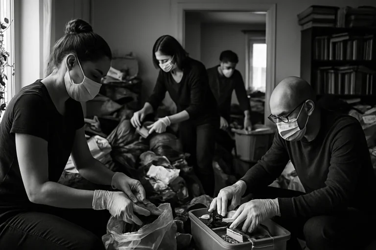 Groupe de personnes portant des masques et des gants triant des objets dans un appartement encombré.