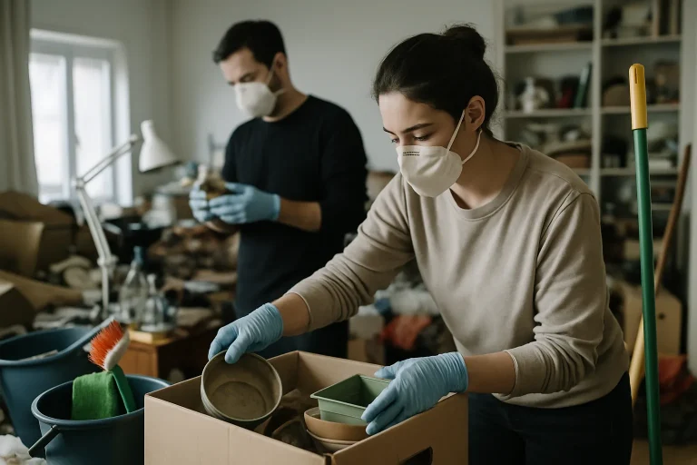 Deux personnes nettoient un appartement encombré, portant gants et masques.
