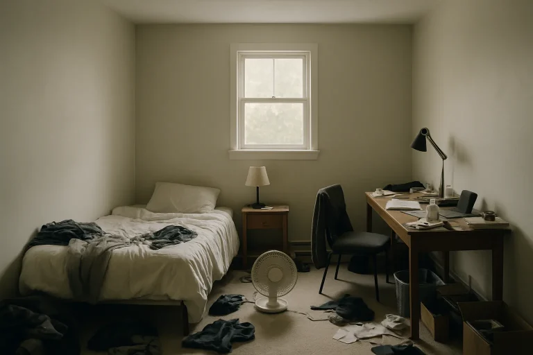 Chambre encombrée avec lumière douce, objets divers, ambiance désordonnée