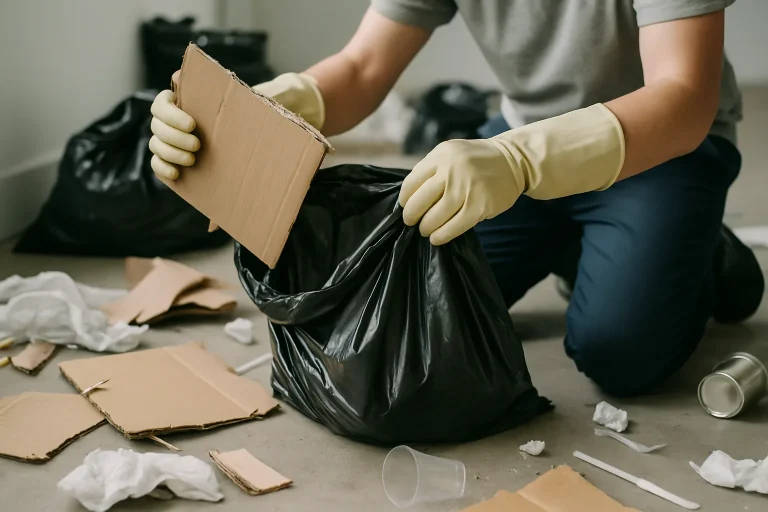 Mains gantées manipulant des cartons et sacs sur un sol encombré.