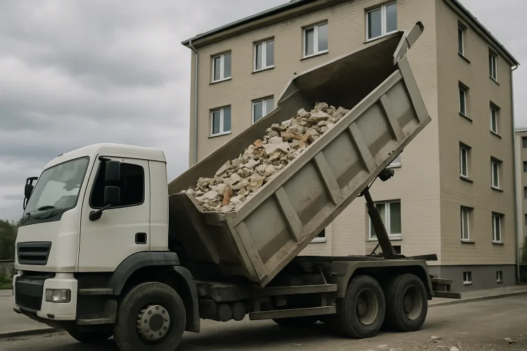 Camion benne devant un immeuble, chargé de débris pour évacuation.