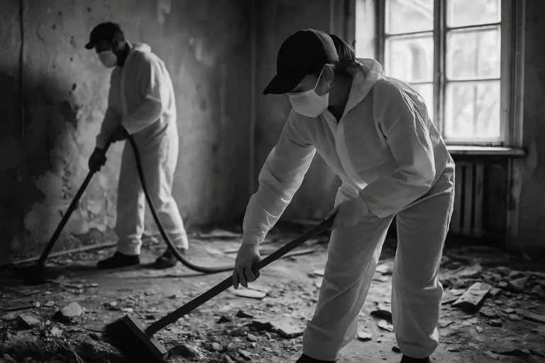 Équipe de nettoyage travaillant dans un appartement insalubre, éclairage naturel, noir et blanc.