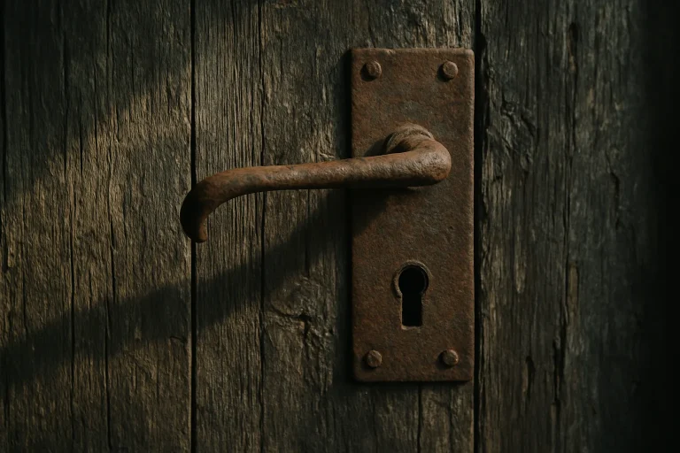 Gros plan sur une porte en bois usée avec une poignée rouillée, lumière naturelle