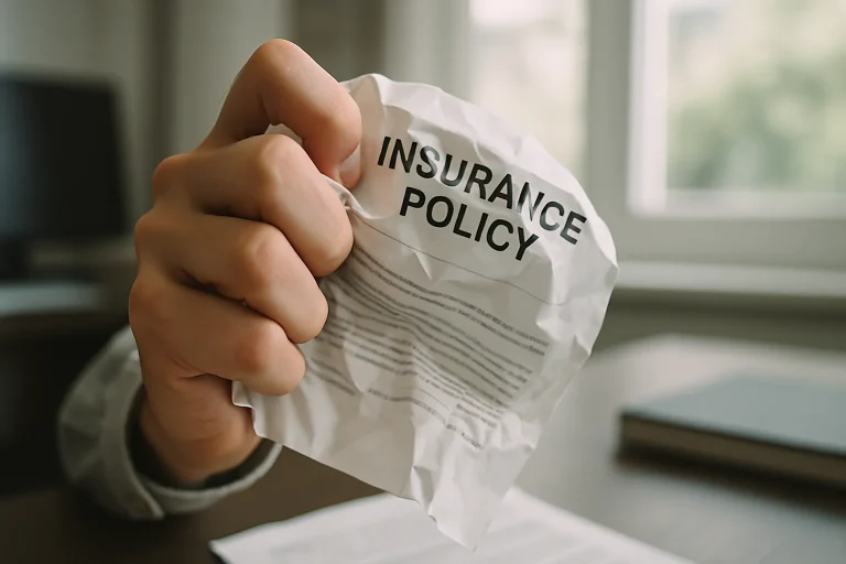 Main tenant une police d'assurance froissée, bureau flou en arrière-plan.