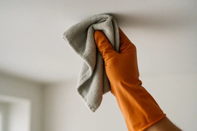 Main gantée utilisant un chiffon humide pour nettoyer un plafond blanc, lumière douce