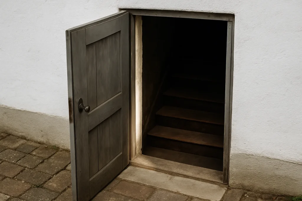 Entrée de cave avec porte ouverte et escaliers en bois menant à une cave sombre.