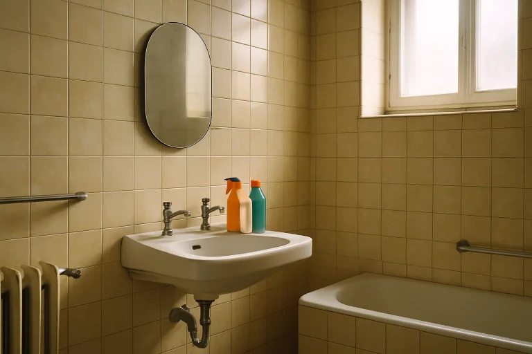 Salle de bain ancienne avec carrelage jauni et produits de nettoyage sur l'évier.