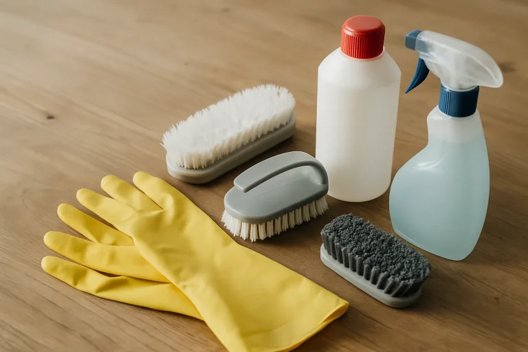 Gros plan sur des équipements de nettoyage, gants, brosses et produits chimiques sur une table.