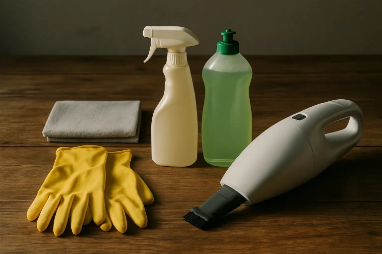 Gants, produits nettoyants, et un petit aspirateur sur une table en bois